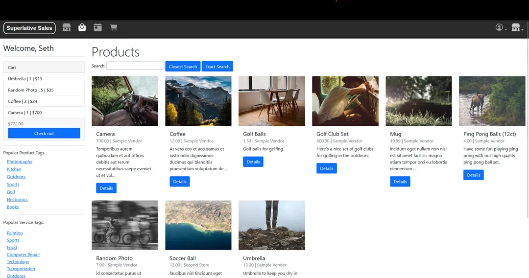 Products page of ecommerce site. Built with Django, styled with Bootstrap.
